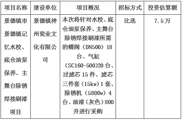 景德鎮市景德鎮記憶水校、底倉油泵保養、主舞臺除銹焊接刷漆項目計劃公告