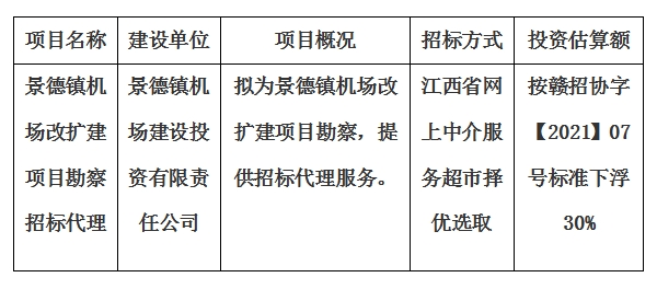 景德鎮機場改擴建項目勘察招標代理計劃公告