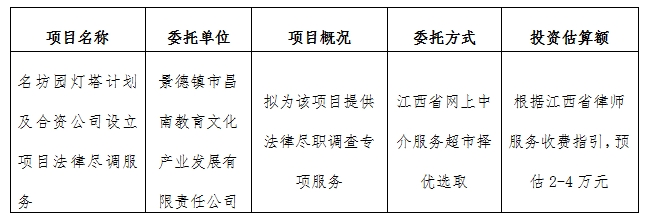名坊園燈塔計劃及合資公司設立項目法律盡調服務計劃公告