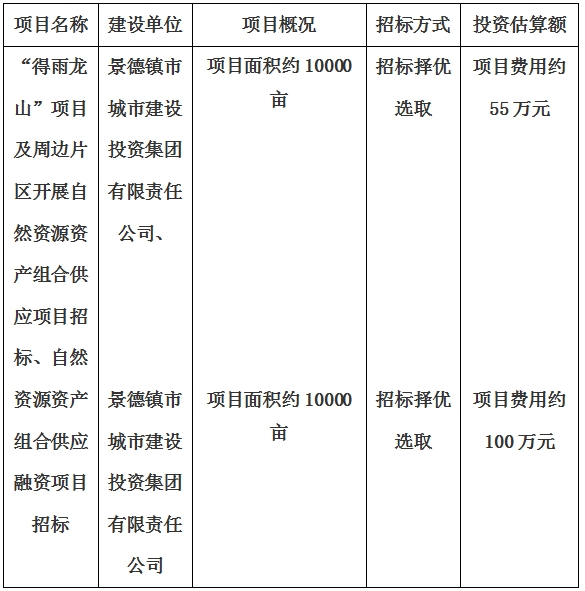 景德鎮(zhèn)市“得雨龍山”項(xiàng)目及周邊片區(qū)開展自然資源資產(chǎn)組合供應(yīng)項(xiàng)目、自然資源資產(chǎn)組合供應(yīng)融資項(xiàng)目招標(biāo)計(jì)劃公告